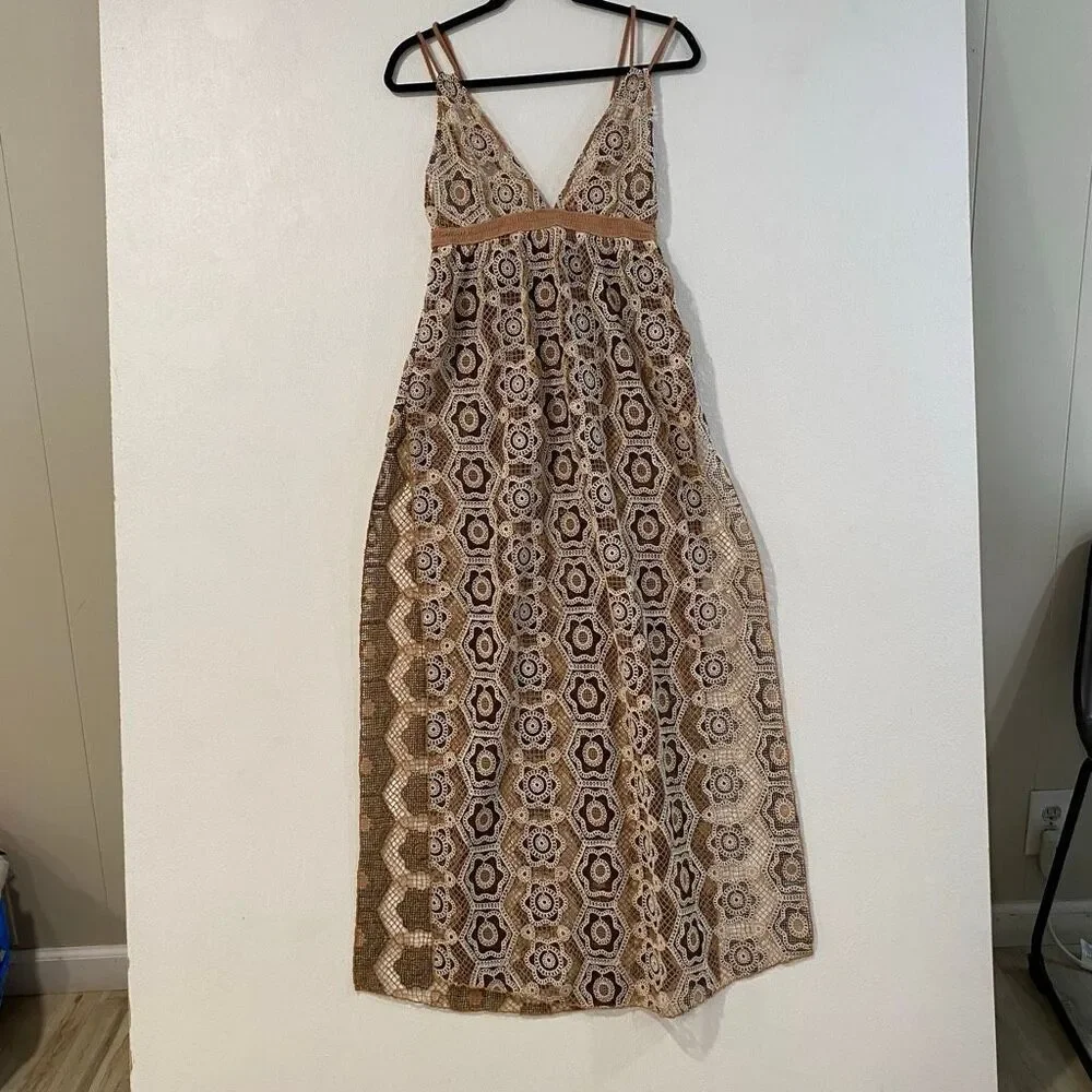 Free People XS Crochet Lace Maxi Cover Up Brown Boho Beach Resort